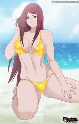 1girls barefoot benhxgx big_breasts bikini breasts female female_only long_hair looking_at_viewer midriff milf naruto naruto_(series) naruto_shippuden ocean on_knees outdoors red_hair sand seaside shore solo solo_focus swimsuit touching_hair uzumaki_kushina water