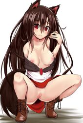 1girls animal_ears areola areola_slip areolae areolae_peeking blush breasts brown_hair clothed female fluffy_tail functionally_nude kagerou_imaizumi long_hair nipple_peek nipples no_panties pussy red_eyes ruman_doe solo squatting tail thighs touhou