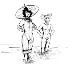 2022 anthro black_and_white casual casual_nudity cervid clothed clothed/nude clothed_female_nude_male clothing deer_prince didelphid duo eyewear female glasses hands_on_hips hat headgear headwear hi_res hladilnik lingerie male mammal marsupial mary_ann_(hladilnik) monochrome nude nude_beach parasol partially_submerged skinny_dipping