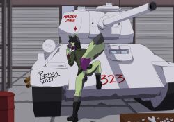 absurd_res anthro anus balls black_hair boots bottomwear canid canine clothing cosplay covering covering_mouth footwear fox fur genitals girls_und_panzer green_anus green_body green_fur grey_body grey_fur grin hair hangar hi_res jacket male mammal military penis pravda_school_uniform purple_body purple_eyes purple_fur repgg skirt smile solo step_pose t-34 tank topwear vehicle