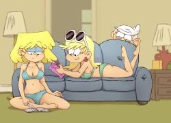 1boy 2girls ass big_breasts bikini blonde_female breasts brother_and_sister busty curvy drawsoyeah large_breasts leni_loud lincoln_loud long_hair lori_loud lying navel nickelodeon on_stomach reading sideboob sisters smile the_loud_house the_pose