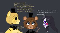 3girls bear black_body black_hair blush brown_hair dialogue digital_media_(artwork) female female_only five_nights_at_freddy's five_nights_at_freddy's_2 five_nights_in_anime freddy_(fnaf) funny furry gold_hair golden_freddy_(fnaf) hat marionette_(fnaf) puppet_(fnaf) rule_63 white_pupils zhenai