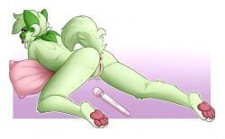 2022 4_toes anthro anthrofied anus artist_name ass astridmeowstic bodily_fluids border digital_media_(artwork) feet female fur genital_fluids genitals green_body green_fur green_hair hair hugging_pillow knee_tuft leg_tuft looking_at_viewer looking_back looking_back_at_viewer nintendo nude outline pawpads pillow pink_eyes pink_nose pink_pillow pokémon_(species) pokémorph pokemon pokemon_sv presenting presenting_hindquarters purple_background pussy pussy_juice raised_tail rear_view sex_toy shoulder_tuft signature simple_background smile solo sprigatito teeth toes tongue tongue_out tuft vibrator video_games wand_vibrator white_border white_outline