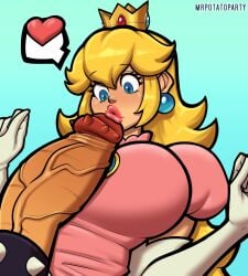 1boy 1girls big_penis blonde_hair blue_eyes bowser cock_ring crown earrings female female_focus heart huge_cock long_hair looking_at_penis male mario_(series) monster_cock mrpotatoparty nintendo penis penis_poke pink_lips princess_peach simple_background spiked_cock_ring spiked_glans unseen_male_face veiny_penis