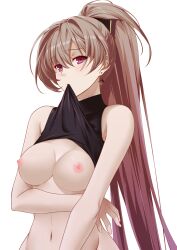 1girls areolae azur_lane black_shirt blush breasts breasts_out brown_hair earrings eyebrows_visible_through_hair jean_bart_(azur_lane) long_hair looking_at_viewer medium_breasts navel nipples pale-skinned_female pale_skin ponytail purple_eyes sashimori5 shirt shirt_in_mouth shirt_lift solo solo_female solo_focus upper_body upper_body_focus