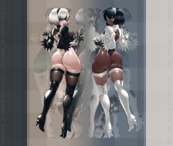 2d 2girls abstract_background alternate_color alternate_costume alternate_persona ass back_view backless_leotard bananagaari black_blindfold black_gloves black_hair black_hairband black_stockings black_thighhighs black_thong_leotard blindfold chocolate_and_vanilla dark-skinned_female dark_skin fat_ass female gloves hairband high_heel_boots high_heels large_ass leotard light-skinned_female light_skin multiple_girls nier:_automata skindentation standing stockings thick_ass thighhighs thong_leotard white_blindfold white_gloves white_hair white_hairband white_stockings white_thighhighs white_thong_leotard yorha_2b yorha_2p