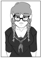 1girls any_malu black_and_white breasts closed_mouth clothing collared_shirt cosplay emergence female female_focus female_only glasses glasses_only grey_background henshin_emergence long_hair looking_at_viewer looking_back pelking1 school_uniform schoolgirl the_surreal_world_of_any_malu