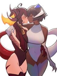 big_breasts black_body black_dragon black_hair black_skin breasts closed_eyes dragon_scales dragon_tail female female/female female_only horn horns kissing lesbian ninra original_character original_characters