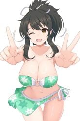 asuka_(senran_kagura) bikini blank_background brown_eyes brown_hair cleavage floral_print hair_ribbon large_breasts looking_at_viewer navel o-ring_bikini open_mouth senran_kagura side-tie_bikini smile surippa1010 v_sign wink