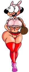 anthro big_breasts huge_ass huge_thighs lifting_shirt long_stockings noisette_(pizza_tower) pink_shoes pizza_bikini pizza_tower red_bikini_bottom red_stockings school_skirt skirt_lift smile