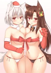 2girls alternate_costume animal_ears bell black_panties blush breast_press breasts brown_hair cameltoe cowboy_shot female gloves hair_bell hair_ornament hat heart kagerou_imaizumi large_breasts long_hair looking_at_viewer lowleg lowleg_panties momiji_inubashiri multiple_girls panties red_eyes red_gloves red_ribbon ribbon santa_hat short_hair side-tie_panties simple_background smile symmetrical_docking tagme tail touhou underwear underwear_only white_hair white_panties wolf_ears wolf_tail yuri yuu_(yu0221f)