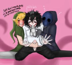 4boys balls ben_drowned black_hair blonde_hair blowjob creepypasta dialogue english_text erection eyeless_jack fellatio forced forced_oral hand_on_penis jeff_the_killer male male_only masturbation open_mouth oral oral_sex penis slenderman tagme_(artist) text yaoi