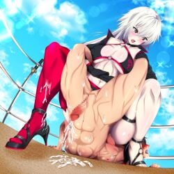 1boy 1girls arm_lock black_hair blue_sky blush cloud cum fate/grand_order fate_(series) femdom jeanne_alter jeanne_alter_(swimsuit_berserker) katana legwear light-skinned_female light-skinned_male light_skin mixedfight navel nude nude_male outside red_legwear sword white_hair wrestling