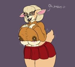 anthro anthro_only anthrofied big_breasts blonde_hair bodily_fluids breast_milking breasts cervid clothed clothing cosplay dialogue eyewear female fluffy fluffy_tail fur glasses hair hanna-barbera karnator karnator_(artist) lactating mammal nipples open_mouth open_smile partially_clothed scooby-doo simple_background smile solo teeth thick_thighs tongue velma_dinkley wide_hips yellow_body yellow_eyes yellow_fur