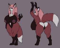 absurd_res anthro ass athletic athletic_female big_breasts big_butt bodily_fluids breast_milking breasts canid canine canis claws domestic_dog fangs female fluffy fluffy_tail fur genital_fluids genitals hair hi_res karnator karnator_(artist) lactating mammal multicolored_body multicolored_fur nipples open_mouth pink_hair pussy pussy_juice red_body red_fur simple_background solo teeth thick_thighs white_body white_fur wide_hips yellow_eyes