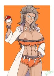 1girls abs aqua_eyes areola_slip areolae big_breasts brown_hair brown_nipples edit greenlove labcoat looking_at_viewer milf mole mole_on_breast muscular_female necklace orange_nails pokeball pokemon pokemon_professor pokemon_sv professor_sada_(pokemon) reupload simple_background solo standing tanned_female tanned_skin torn_clothes