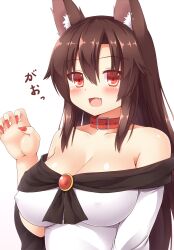 1girls animal_ears blush breasts brooch brown_hair cleavage collar collarbone covered_nipples jewelry kagerou_imaizumi large_breasts long_hair looking_at_viewer red_eyes shirt smile solo tagme touhou very_long_hair wolf_ears yuu_(yu0221f)