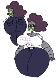 afro ass ass_up ayyyple big_ass big_breasts big_butt breasts cartoony character facial_expression funny girl huge_ass meme oc pants reena_(ayyyple) robot robot_girl robotic_arm theslashfive thighs