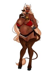 artwithmoira blonde_hair blush brienne_(coc2) clothed corruption_of_champions_ii cow_girl cowbell dark-skinned_female dark_skin female hooves horns huge_breasts lipstick long_hair looking_at_viewer monster_girl plump_lips pregnant tail