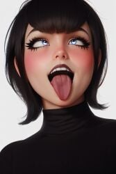 1girls ahe_gao ahegao ahegao_face ai_generated bangs black_clothing black_hair blue_eyes blush clothed clothing cute cute_face dark_hair eyebrows eyelashes eyes_rolled_back female female_only goth hotel_transylvania lipstick looking_up makeup mavis_dracula naughty_face open_mouth realistic short_hair smile solo teeth tongue tongue_out vampire white_background