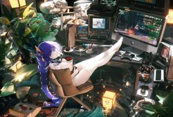 absurd_res bird breasts cake camera computer controller cupcake edit egg feet_on_table food fruit game_console gaming genshin_impact highres keyboard kinect lamp looking_at_viewer looking_back meta monitor nintendo_switch nipples omone_hokoma_agm plants playing_videogame playstation ps5 purple_hair raiden_shogun sangonomiya_kokomi sitting xbox xbox_one yae_miko