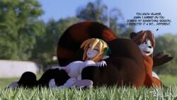 2021 3d_(artwork) accessory anthro areola ass big_areola big_breasts big_butt big_tail blender_(software) blizzard_entertainment breasts brown_body brown_fur brown_hair curvy_figure detailed_background dialogue digital_media_(artwork) duo elf english_text feet felicia_(tahlian) female fingers fluffy fluffy_tail freckles fur green_eyes hair hair_accessory hair_ribbon hairbow hi_res huge_breasts huge_butt humanoid humanoid_pointy_ears kimiko_(tahlian) light-skinned_female light_body light_skin long_tail looking_back lying mammal multicolored_body multicolored_fur nipples nude on_front orange_hair outside pandaren pawpads puffy_nipples red_body red_fur red_pandaren ribbons short_stack shortstack sitting sitting_on_ass size_difference tahlian text thick_thighs toes ursid video_games voluptuous warcraft white_body white_fur wide_hips world_of_warcraft