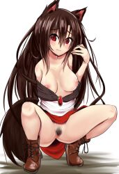 1girls animal_ears areola areola_slip areolae areolae_peeking blush breasts brown_hair clothed female fluffy_tail functionally_nude kagerou_imaizumi long_hair nipple_peek nipples no_panties pubic_hair pussy red_eyes ruman_doe solo squatting tail thighs touhou