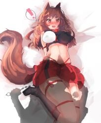 ! 1girls :d anal_beads animal_ears bdsm blush bondage boots bound breasts brown_hair collar ehrrr fang high_heels kagerou_imaizumi knee_boots large_breasts long_hair lying midriff miniskirt momiji_inubashiri navel ominous_shadow on_back open_mouth red_eyes sex_toy shibari silhouette skirt smile solo spoken_exclamation_mark sweat tagme tail touhou wolf_ears wolf_tail you_gonna_get_raped