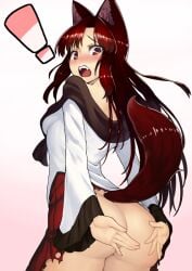 ! 1girls animal_ears ass blouse blush brown_hair covering covering_ass embarrassed embarrassed_nude_female enf female from_behind kagerou_imaizumi long_hair long_sleeves looking_at_viewer looking_back no_panties nose_blush open_mouth red_eyes red_skirt shirt simple_background skirt solo tagme tail taketora_suzume teeth torn_clothes torn_skirt touhou white_shirt wolf_ears wolf_tail