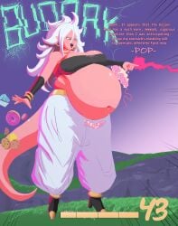 1girls android_21 android_21_(good) belly belly_stuffing big_belly big_breasts bloated bloated_belly breasts cleavage dialogue dragon_ball dragon_ball_fighterz dragon_ball_z dranthule female large_breasts majin_android_21 monster_girl pink_skin solo_female stomach_noises stuffed stuffed_belly stuffing text vore weight_gain white_hair