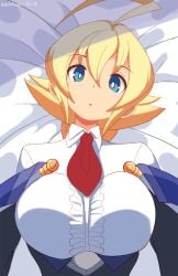 1girls absurd_res bed blazblue blonde_hair blue_eyes blush clothed_female curious es_(xblaze) high_resolution highres huge_breasts jellcaps on_back paizuri tagme xblaze_code:_embryo