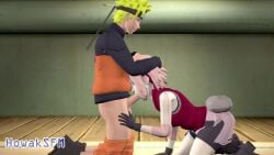 1boy 1boy1girl 1girls 3d animated bent_over blowjob clothed_sex couple duo fellatio female howak kneeling male male/female naruto naruto_(series) naruto_shippuden oral pink_hair sakura_haruno sex sound straight uzumaki_naruto video yellow_hair