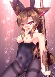 black_legwear blush blush_lines blushing breasts_out brown_fur brown_hair bunny_ears bunnysuit female kagerou_imaizumi karasuma_amiru lactation milk milk_squirt money money_between_breasts money_in_cleavage pantyhose pole red_eyes tagme touhou wolf_ears wolf_girl wolf_tail