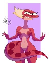 2022 amphibia amphibian anthro bite biting_lip blonde_hair breasts bunbunmuffinart bunbunmuffins disney fangs female general_yunan genitals hair hi_res looking_at_viewer narrowed_eyes navel newt nipples nude pussy red_body red_scales salamander_(amphibian) scales solo straight_hair yunan