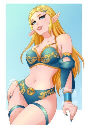 1girls 2023 bimbo blonde_hair blue_eyes braided_hair breath_of_the_wild female female_only hi_res jpeg lingerie long_hair looking_at_viewer navel nintendo pointy_ears princess_zelda ravenemore red_lips smile smiling smiling_at_viewer solo the_legend_of_zelda zelda_(breath_of_the_wild)