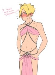 1boy abs arabian_clothes arms_behind_back belly_button belly_dancer belly_dancer_outfit blonde_hair blush boruto:_naruto_next_generations clothing crop_top crossdressing dancer_outfit dialogue english_text facial_markings femboy feminization jewelry legs light-skinned_male light_skin looking_at_viewer male male_only naruto naruto_(series) nose_blush partially_clothed persian_clothing petite pinup revealing_clothes scar shock777 shounen_jump shy sissy skirt solo solo_focus solo_male sweat sweatdrop text thighs turkish_clothing twink uzumaki_boruto whisker_markings whiskers yellow_hair