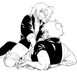 2boys anal anal_sex blush braid cowgirl_position gay gintama gintoki_sakata implied_anal kamui_(gintama) looking_at_another male male_only monochrome on_back open_shirt pants_down sitting_on_person smile straddling sweat yaoi