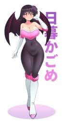 absurdres bare_shoulders bat_wings black_hair blush breasts cleavage clothed collarbone cosplay dot_nose facing_viewer female highres inuyasha japanese_text jarckius kagome_higurashi large_breasts long_hair looking_at_viewer rouge_the_bat rouge_the_bat_(cosplay) shadow skin_tight sleeveless smile smiling smiling_at_viewer sonic_(series) standing walking white_background wide_hips wings yellow_eyes