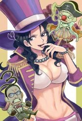 1girls 2boys alvida big_breasts black_hair bra bracelet buggy_the_clown chibi cleavage clown coat female female_focus galdino large_breasts lipstick long_hair male navel necklace official_style one_piece pearl_necklace re_kaisan seductive skinny slim slim_waist solo_focus top_hat