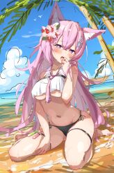 animal_ear_fluff animal_ears bangs blush braid brat_(brabrabrat00) coyote_ears eyebrows_visible_through_hair female hair_ornament hakui_koyori highres hololive hololive_japan holox long_hair looking_at_viewer navel necktie pink_hair solo swimsuit virtual_youtuber