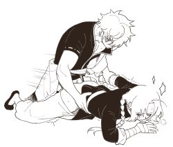 2boys all_fours anal anal_sex arm_grab braid chinese_clothes clothed_sex from_behind gay gintama gintoki_sakata japanese_clothes kamui_(gintama) male male_only monochrome pants_down waist_grab yaoi