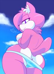 anthro anus ass breasts butt_squish clothed clothing cloud cloudscape domestic_cat felid feline felis female fur heart inner_ear_fluff looking_at_viewer looking_back looking_back_at_viewer mammal nipples panties pink_body pink_fur purple_eyes sky smile solo squish thanu topless topless_female tuft underwear