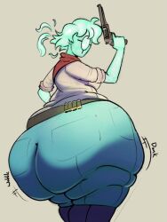 alien big_ass blue_body clothed cow_girl female gun huge_ass novakid revolver sideboob starbound