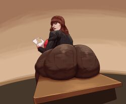 1girls ass ass_focus big_ass brown_eyes brown_hair cellulite classroom dat_ass huge_ass koko_draws kokobiel looking_back milf mrs_mcphatass original_character sitting_on_desk solo teacher thick_thighs tight_clothing wide_hips