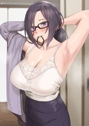 1girls 2022 absurd_res armpit_fetish armpits arms_behind_head arms_up breasts cleavage clothed clothed_female female female_only glasses huge_breasts indoors kirinkirin long_hair mature_female milf mother object_in_mouth original original_character purple_eyes purple_hair smelly_armpits sweat sweaty_body tying_hair