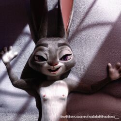 1:1 bed bedroom_eyes breasts buckteeth disney female first_person_view flat_chest flat_chested furniture genitals hi_res judy_hopps lagomorph leporid looking_at_viewer lying mammal narrowed_eyes nipples nude open_mouth rabbit rabbitholes seductive size_difference small_breasts smaller_female smile solo teeth zootopia