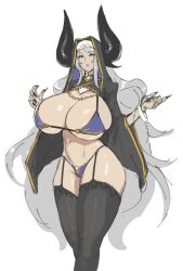 1girls 2022 bikini blue_bikini breasts eu03 female female_only garter_straps hips horns huge_breasts long_hair massive_breasts nun nun's_habit original original_character thick_thighs thighhighs thighs white_hair wide_hips