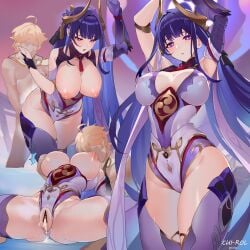 aether_(genshin_impact) ass breasts censored chi-rol creampie from_behind genshin_impact purple_hair raiden_shogun raiden_shogun_(magatsu_mitake_narukami_no_mikoto) sex tagme thick_thighs