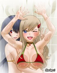 2girls alternate_version_available big_breasts blonde_hair blue_eyes blue_hair breasts breasts_against_glass breasts_press edens_zero female_only hands_up homura_kogetsu long_hair mole mole_under_eye multiple_girls open_mouth pressed_on_glass rebecca_bluegarden red_eyes sharknex shower showering upper_body yuri