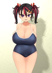 1girls against_wall ariduka_formica big_breasts breasts busty enormous_breasts female female_only giant_breasts gigantic_breasts huge_breasts human large_breasts massive_breasts purple_eyes school_swimsuit solo solo_female swimsuit virtual_ant_channel virtual_youtuber